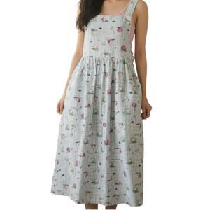 Vintage Blue White Gingham Overall Dress Women Sz Medium 80s Apples Cottage Chic